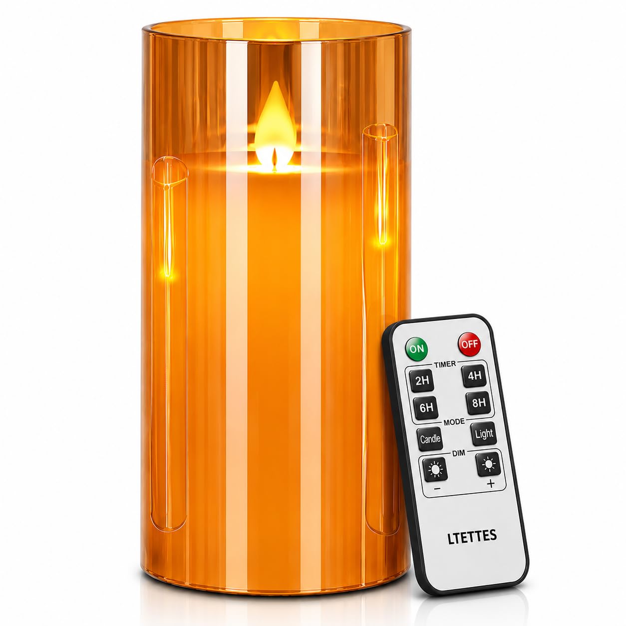 LED Glass Cup Pillar Candle | Real Wax | Flameless Electric Candles with Flickering Faux Wick | Amber Color Glass | Battery Powered with Remote Controller for Home Decor (H-6" x D-3")-image-37