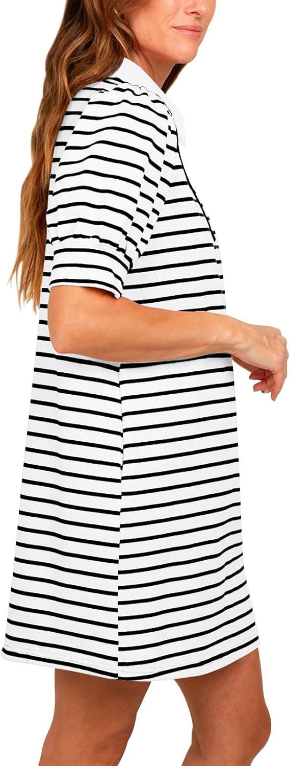 Yousify Women's Summer Lapel Collared V Neck Striped Dress Casual Puff Short Sleeve Polo Tshirt Dresses with Pockets - Image 4