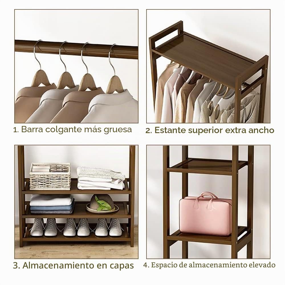 Perchero Burro de Bambú, Armario Abierto Madera Perchero de Pie con Zapatero, Vestidores Armarios Abiertos, Multifuncional Perchero de Ropa para Dormitorio Salón, Carga 120 kg