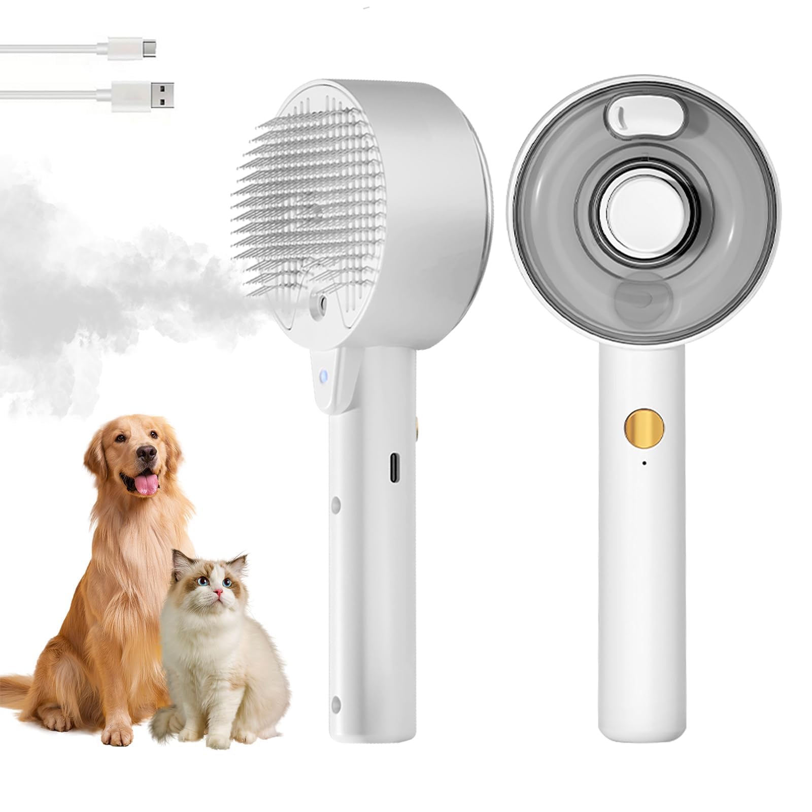 Spazzola a vapore 4 in 1 per cani e gatti - Autopulente con serbatoio d'acqua - Toelettatura e massaggio per animali domestici (Bianco)