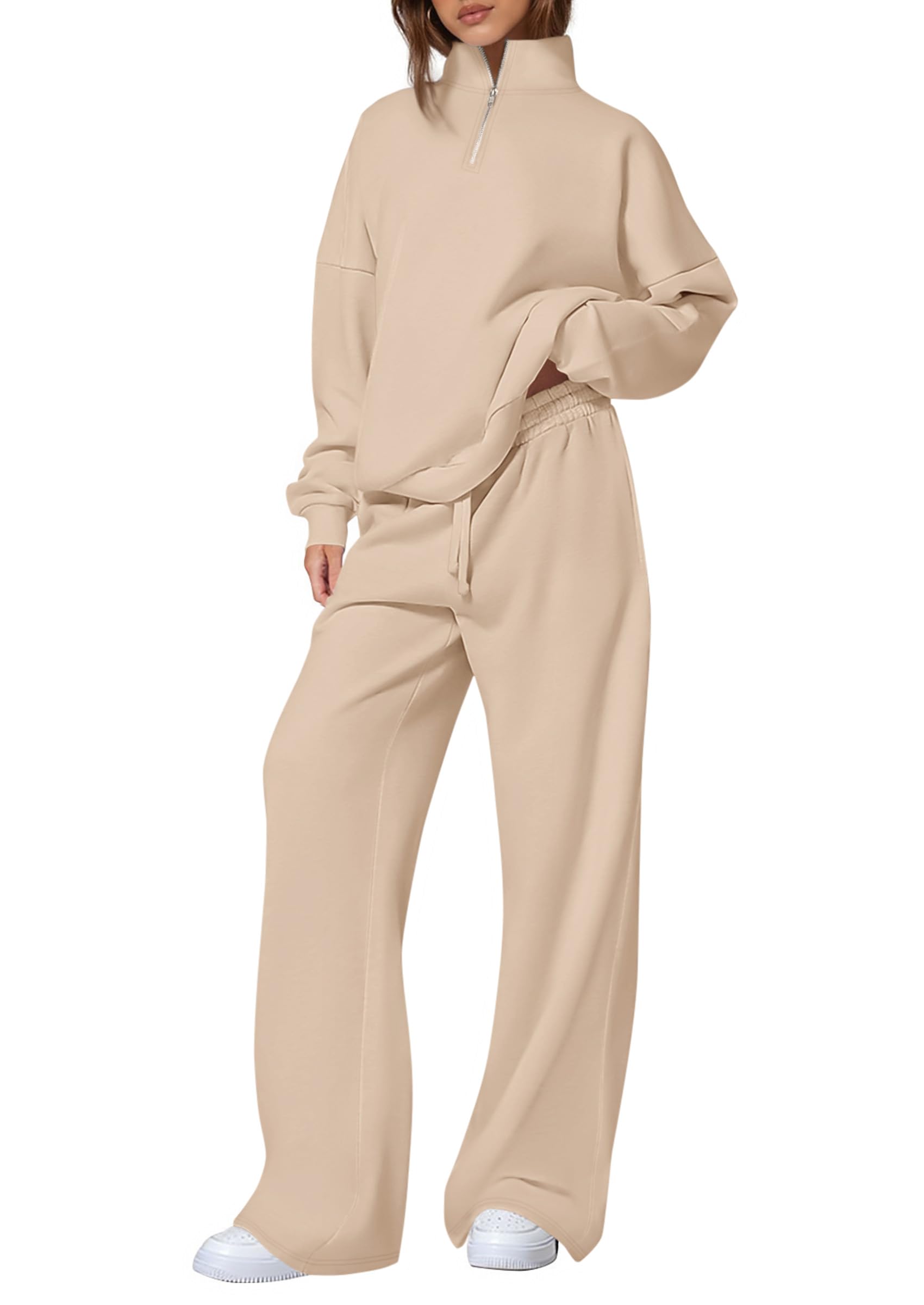 PRETTYGARDEN Womens 2 Piece Outfits Matching Lounge Sets,Beige,S