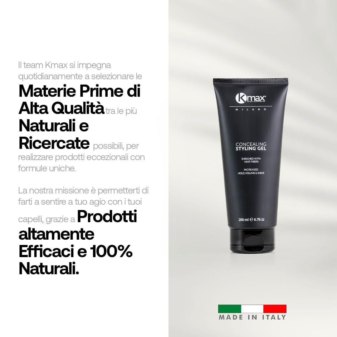 Kmax Gel capelli con fibre di cheratina effetto volumizzante 200ml, Gel colorato per capelli diradati, Gel per capelli Uomo e Donna - Castano Medio