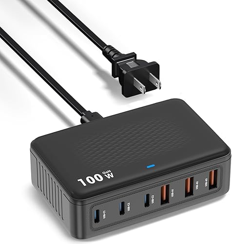 Estación de carga con bloque cargador USB C, 100W 6 puertos GaN carga rápida hub concentrador PD 3.0 USB C QC USB A cubo cargador de pared adaptador