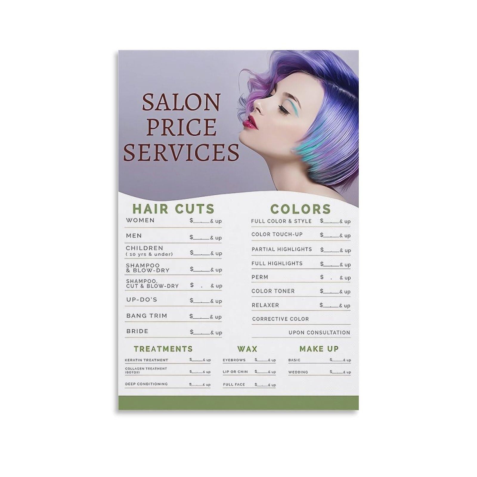 LLBOGRGGN Hair Salon Service Menu List Poster Barber Shop Beauty Service Chart with Clear Pricing for Salon Barbershop Reception Wall Decor Sign