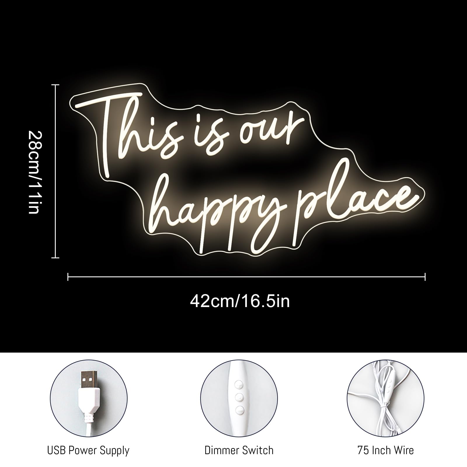 This is Our Happy Place Neonschilder Warmweißes LED-Neonschild ästhetische Raumdekoration für Teen-Mädchen Glücklicher Ort Licht für Schlafzimmer Salon Hochzeit Verlobungsparty