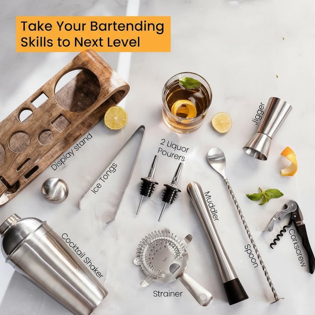 Saki Home Decor Cocktail Shaker Gift Set with Wooden Stand- 10-Piece, Bartender Kit : Shaker, Spoon, Jigger, Muddler, Strainer, Wine & Beer Bottle Opener, Pour Spouts, Tongs (Without Gift Box) 1