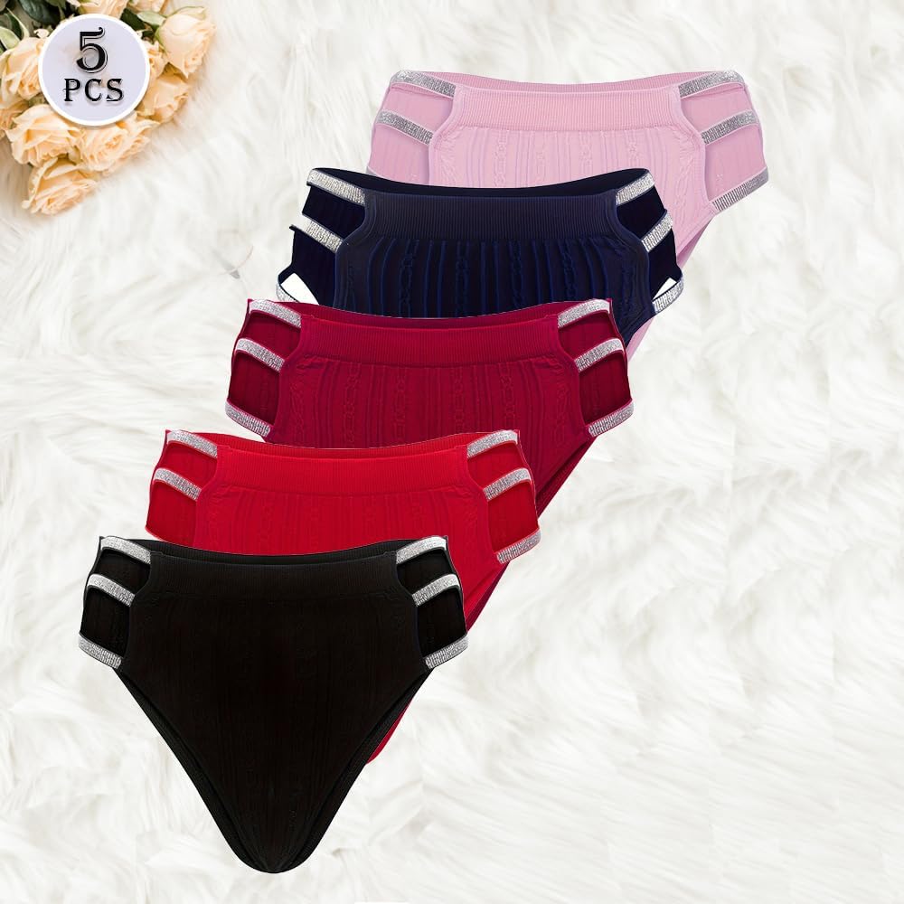 JUNELLA 5 Pcs Shiny Waistband Women's Low Rise Panties, Ribbed Cotton, Multicolour Sexy Hollow Out Hipster Panties - Image 3