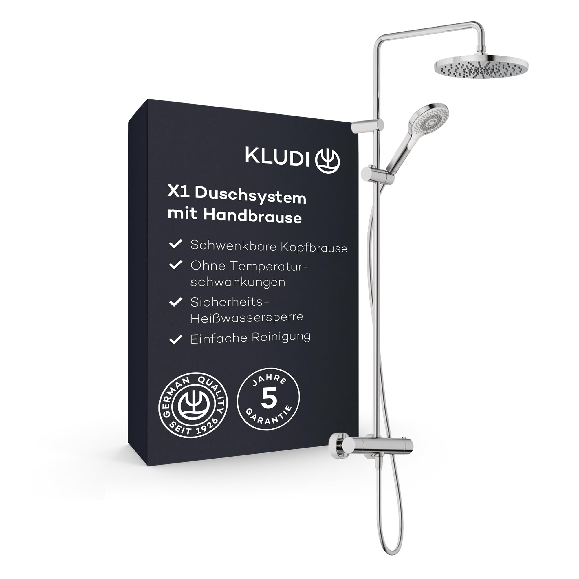 KLUDI -X1 6906705-81 system prysznicowy z głowicą i słuchawką prysznicową, termostatem Dual Shower System, chrom, montaż ścienny, armatura termostatyczna, głowica prysznicowa Ø 250 mm, 3 rodzaje