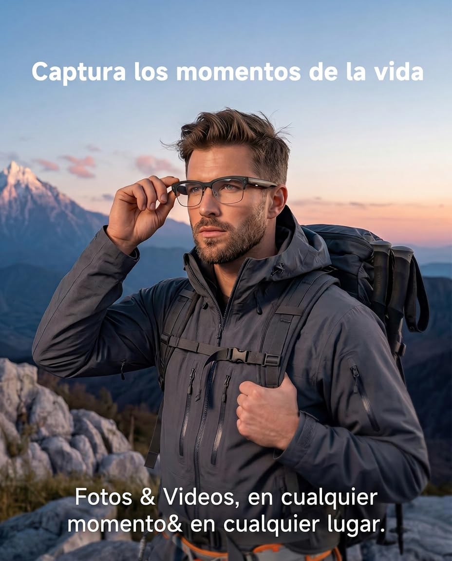 TOOBUR Gafas inteligentes AI con cámara 8MP, video HD 1080P anti-vibración, traducción en tiempo real y asistente de voz, llamadas por Bluetooth y audio de oído abierto para vlogs, viajes y reuniones