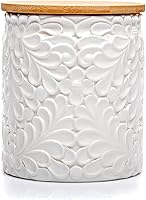 25DOL Small Engraved Ceramic Kitchen Canister with Airtight Bamboo Lid - 30oz Nature-Inspired Storage Jar for Coffee, Pasta, Rice