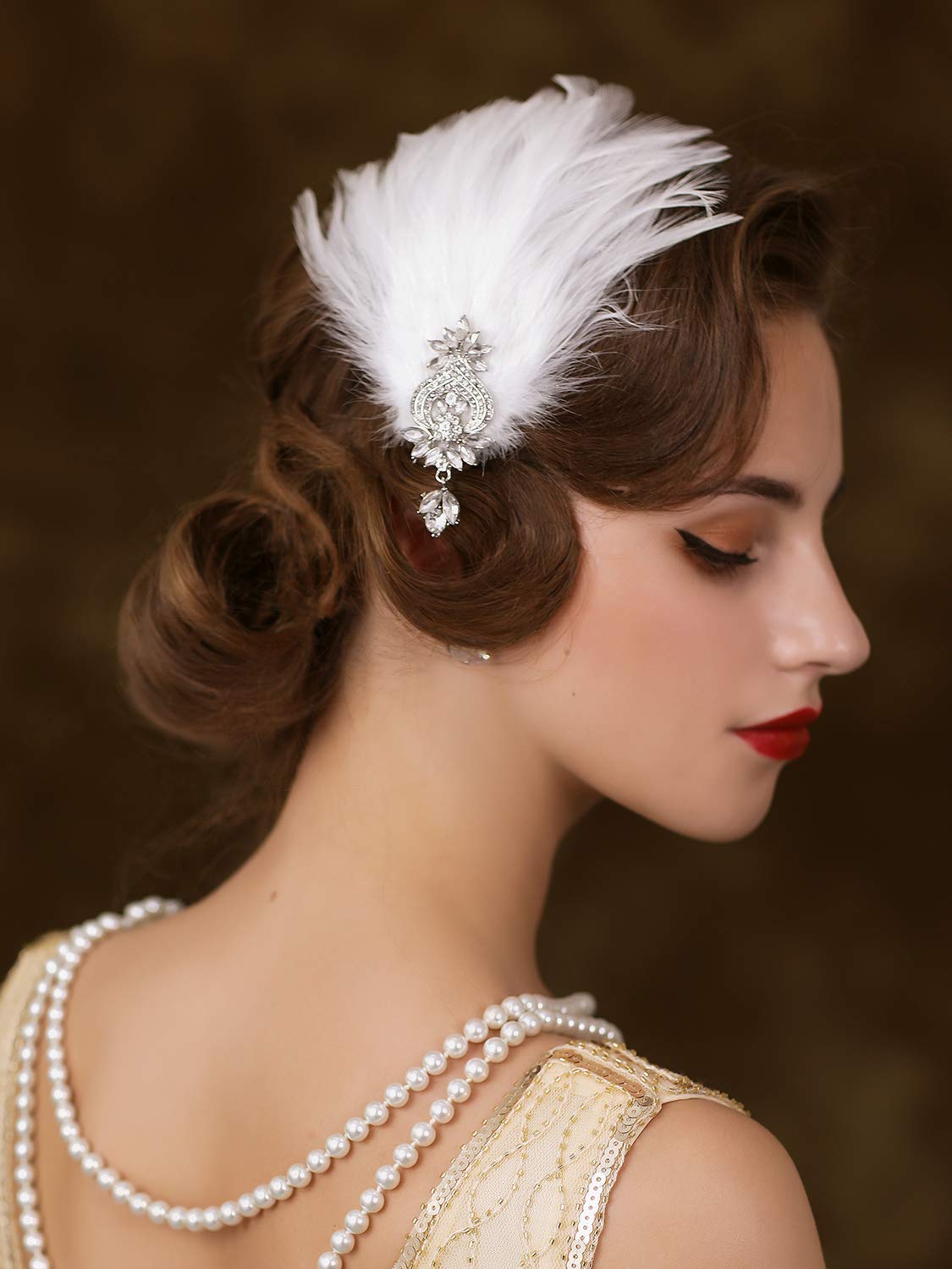 SWEETV 1920s Feather Headpiece Flapper Headband, Roaring 20s Hair Accessories Great Gatsby Hair Clip White - Image 4
