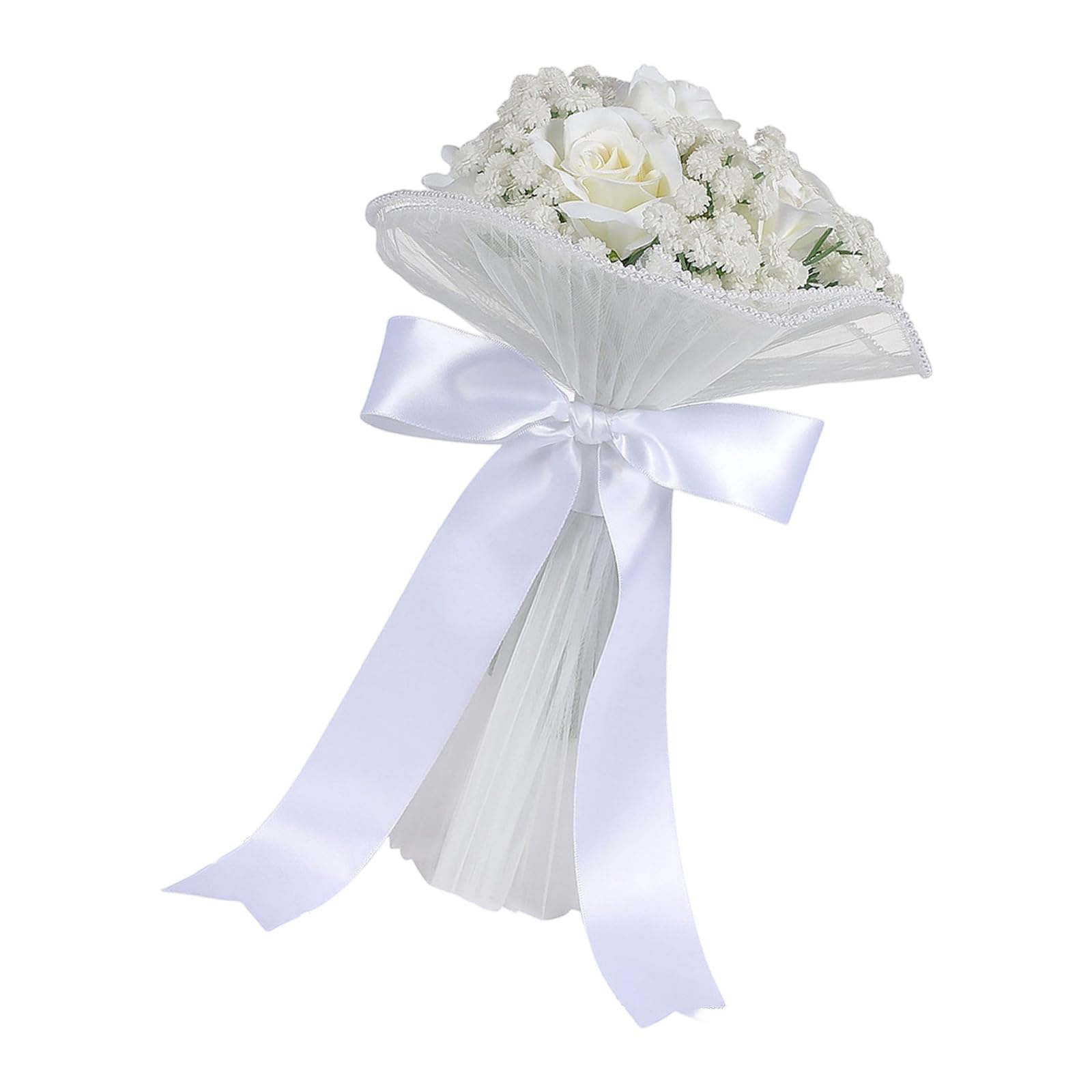 Msioytog Realistic Rose Bouquet White Artificial Rose Bridal Arrangement for Wedding Ceremony Maid Keepsakes Traditional Silk White and Flowers Bouquet