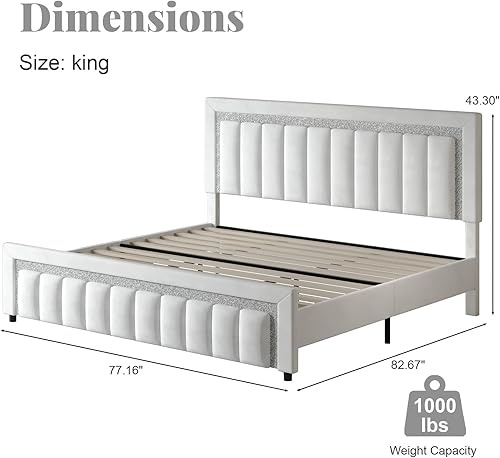 Miniatura 2 de HOMBCK Base de cama tamaño King con cabecera de terciopelo de diamante, base de cama tapizada tamaño King con soporte de listones de madera, no