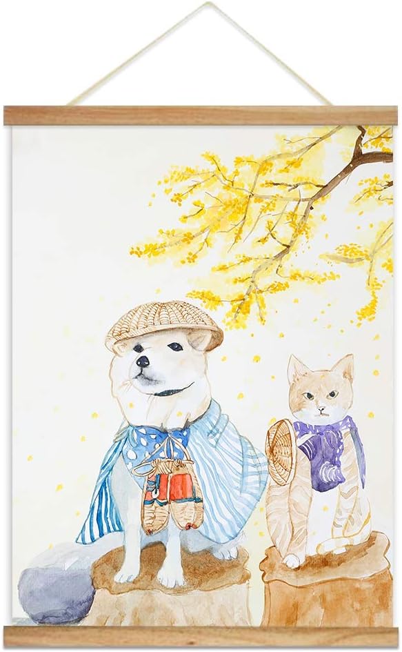 wall26 - Hanging Poster with Wood Frames - Japanese Style Painting of Dog and Cat Travelling in Spring - Ready to Hang Decorative Wall Art - 18"x24"