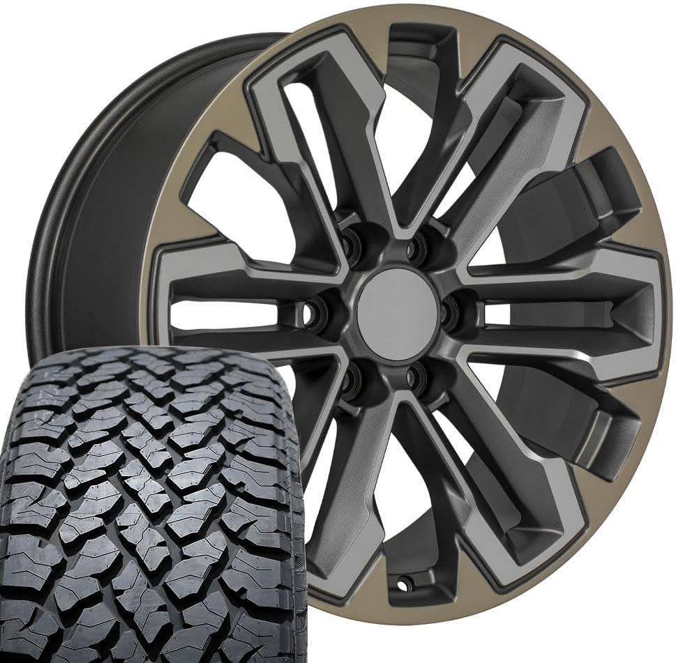 OE Wheels CV69 20 Inch Rims and Tires Fit Silverado 1500 Style 6x139.7 20x9 Satin Gunmetal Machined Face - Two Tone - Hollander 5905 - TS-37 AT 275/55-20 (Set of 4)