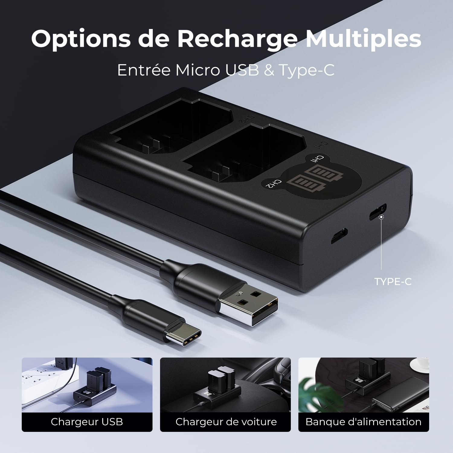 K&F CONCEPT NP-FZ100 Batterie Chargeur avec Double Emplacement et écran LCD, Chargeur Micro USB et Type-C pour Sony FX30, Alpha A7 III, A7R III (A7R3), A9, A6600, A7R IV, Alpha A9 II Camera Batteries