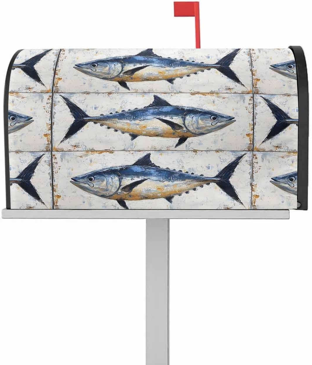White Navy Blue Fish Mailbox Covers Magnetic Standard Size, Retro Animals Summer Coastal Decorative Post Letter Numbers Box Wrap Decoration Covers Small Accessories for Garden Yard Outdoor Décor