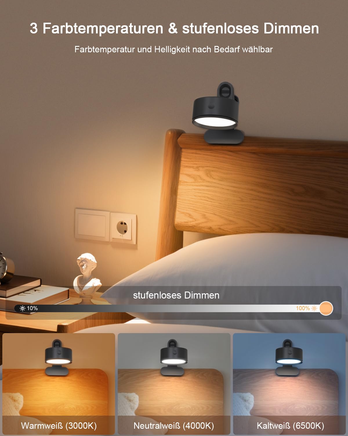 Leselampe Bett Klemme, LED Klemmlampe Akku mit 5000mAh, Klemmlampe Bett mit 3 Farben Dimmbar Touch Fernbedienung, 360° Flexibel Bettlampe Klemmleuchte Kabellos mit Timer und Speicherfunktion