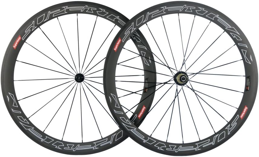 Superteam Carbon Fiber Road Bike Wheels 700C Clincher Wheelset 50mm Matte 23 Width (White Lines Decal)