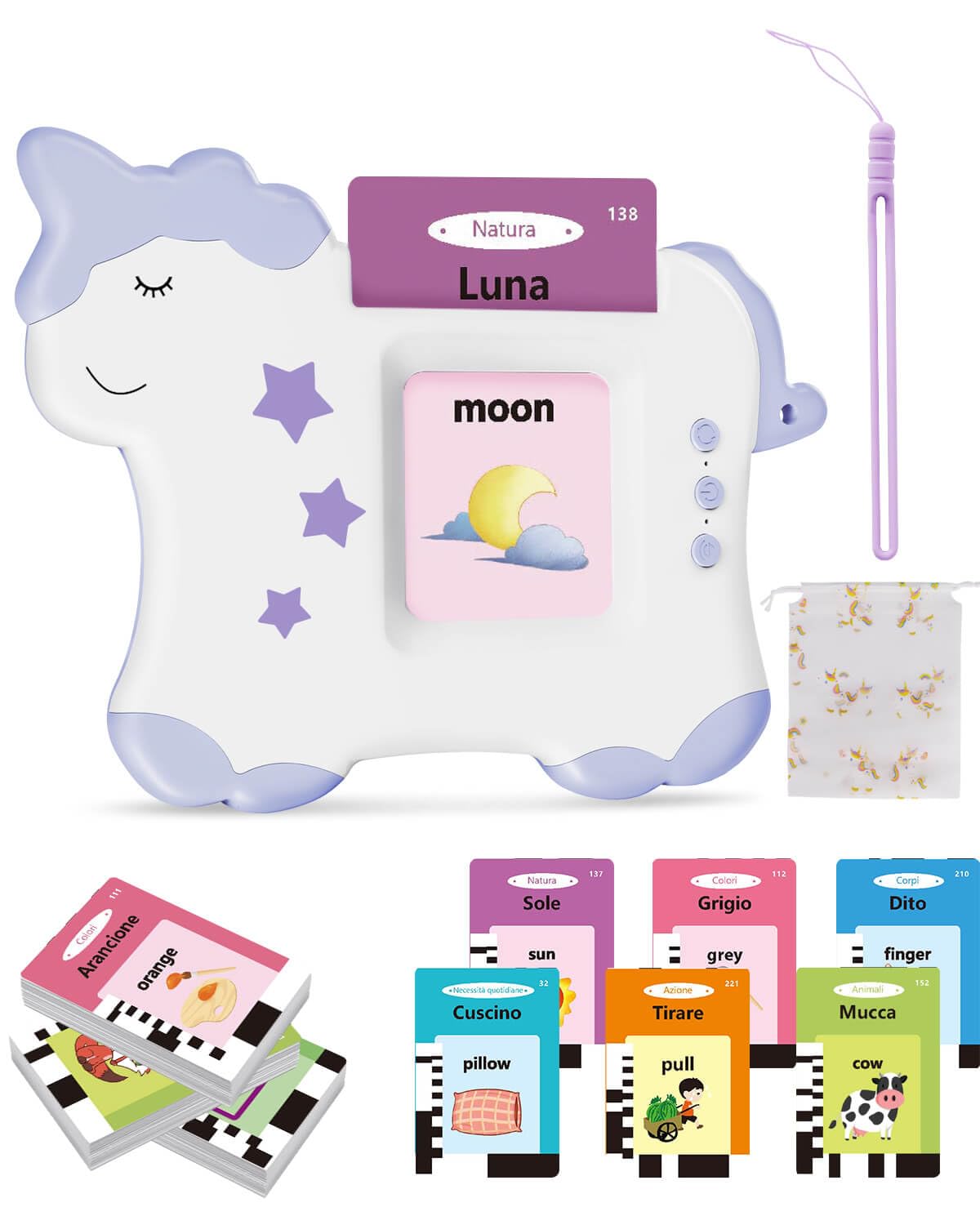 Flashcards Parlanti Giocattoli Montessori, Giocattoli Educativi per Bambini, 224 Parole 14 Temi, Autismo, Regalo di compleanno Regalo di Natale per Bambino (Viola Italiano)