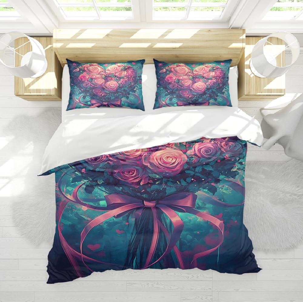 Ensemble de literie 3 pièces housse de couette cœur et 2 oreillers shams rose violet