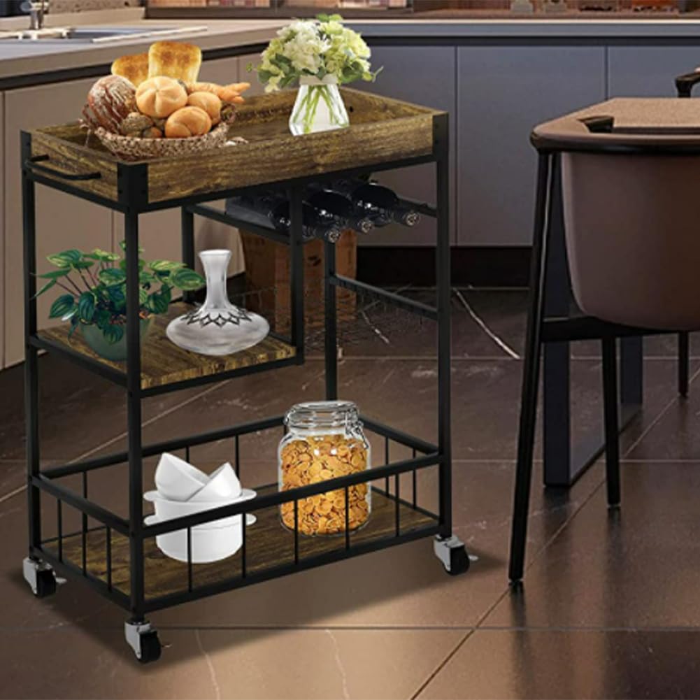 BAKAJI Carrello da Cucina Multiuso Portaoggetti Salvaspazio con Ripiano Separabile e 4 Ruote, Carrellino Stile Industrial con Struttura in Ferro nera e Ripiani in Legno Noce, Scomparto Portabottiglie