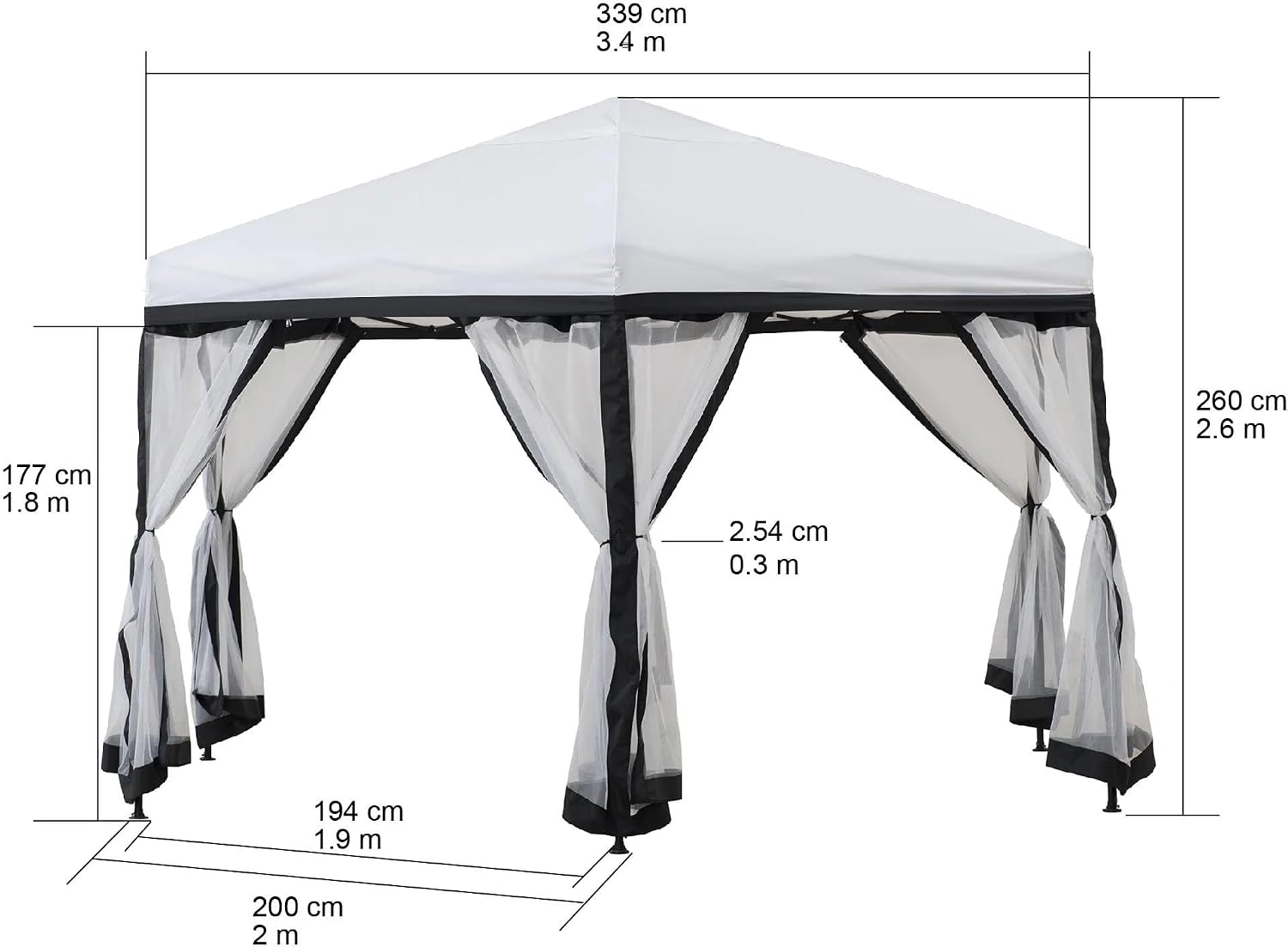 Sunjoy Lambert Pop Up Hexagon Gazebo with all mesh sidewalls zipped closed, providing insect protection.