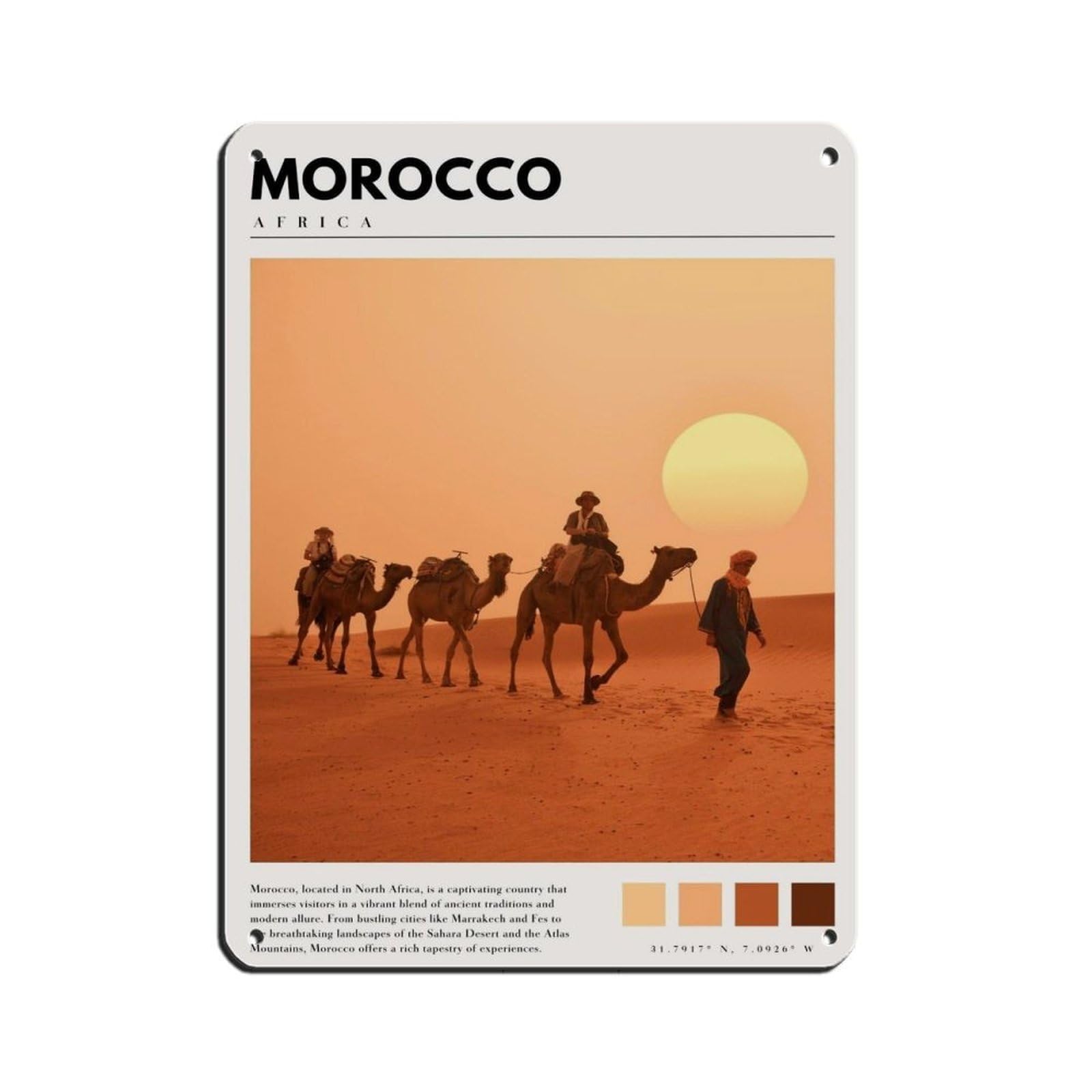Morocco Poster Morocco Sahara Desert Retro Poster Metal Tin Sign Chic Art Retro Iron Painting Bar People Cave Cafe Family Garage Poster Wall Decoration 12x16inch(30x40cm)
