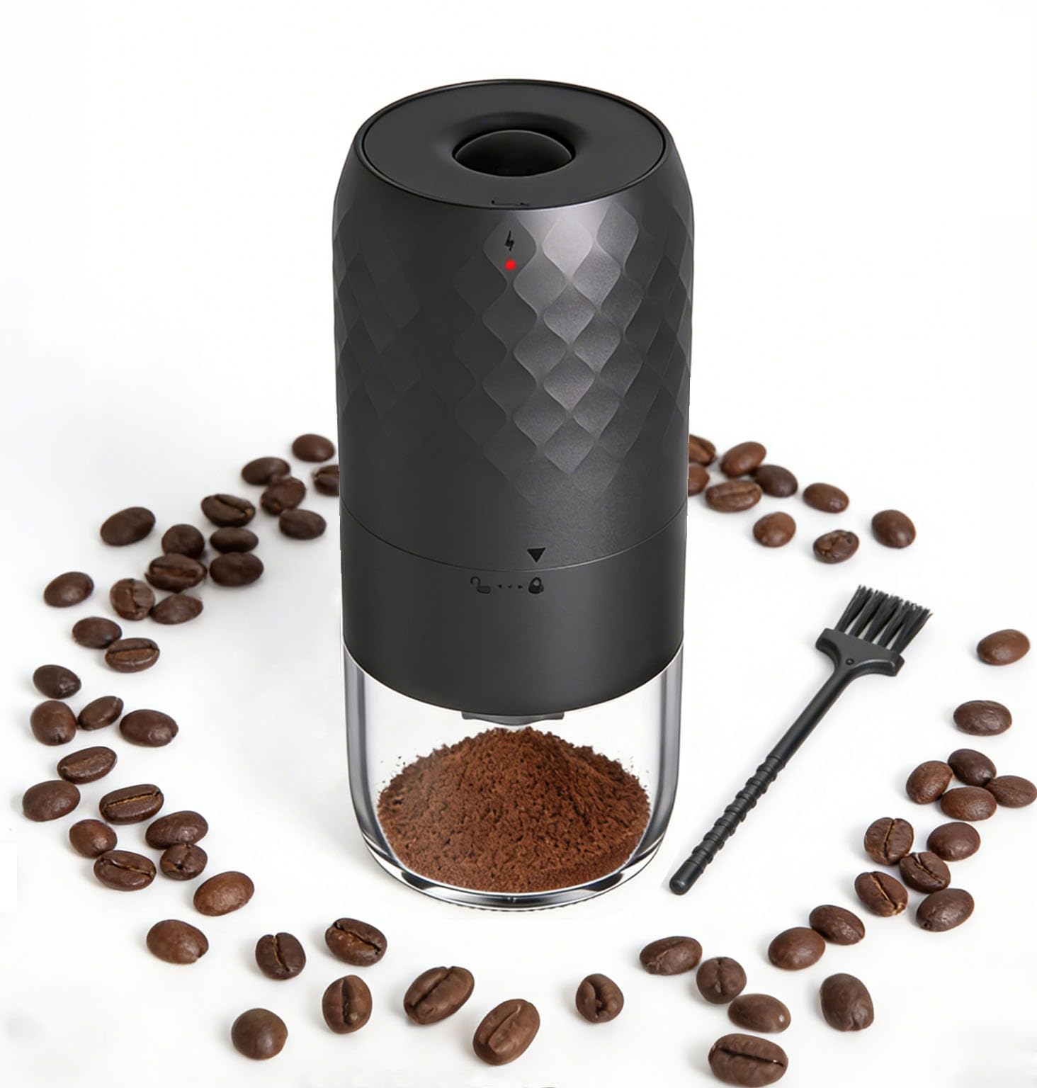 Macinacaffè elettrico portatile, macina conica con 5 gradi di macinazione regolabili, ricarica rapida USB-C e funzionamento con un solo pulsante, spazzola per la pulizia