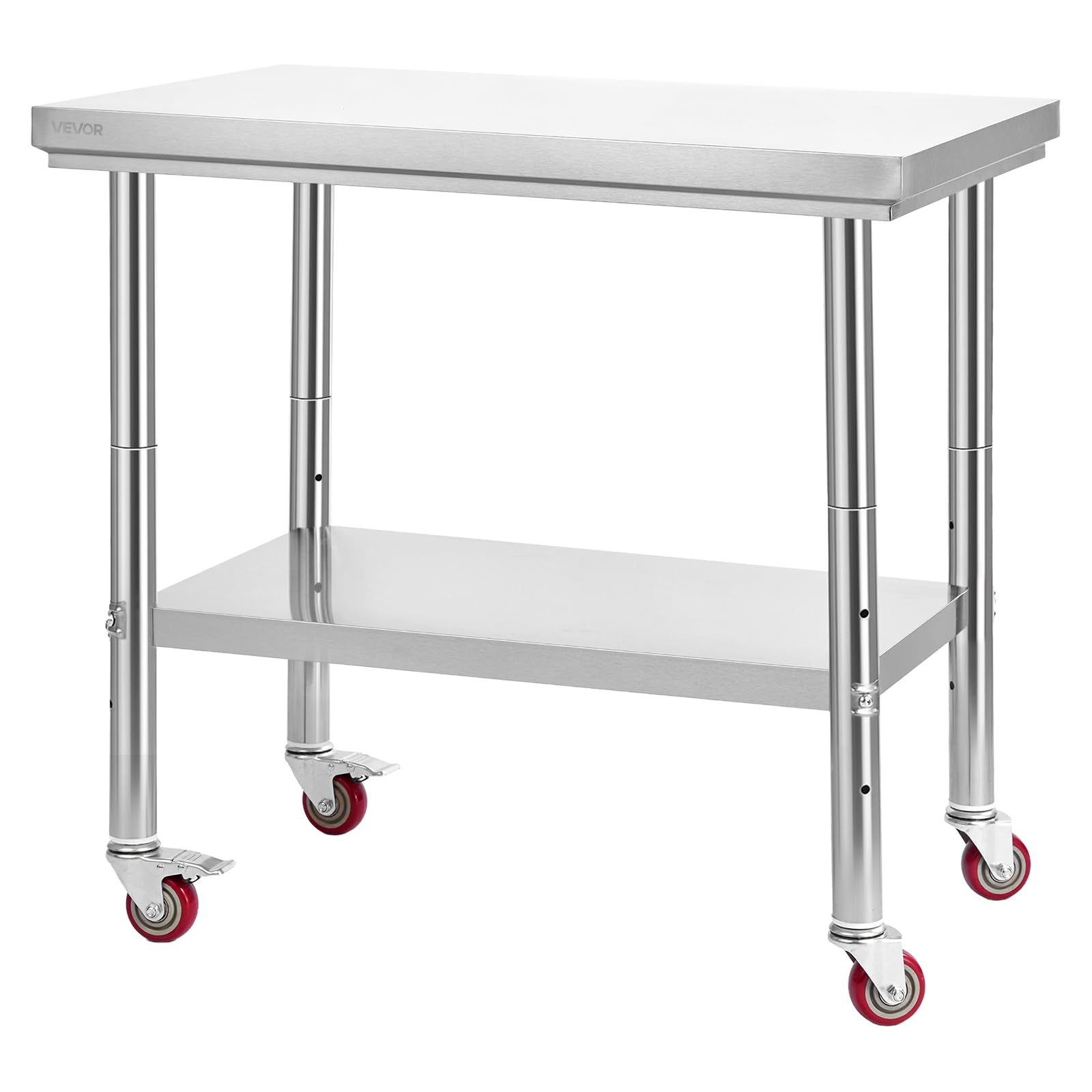 VEVOR Mesa de Trabajo de Acero Inoxidable, Mesa de Preparación con 4 Ruedas, Estantería de Trabajo de Preparación de Alimentos con Estantes Ajustables para Cocina, Garaje, Taller, 90 x 60 x 85 cm