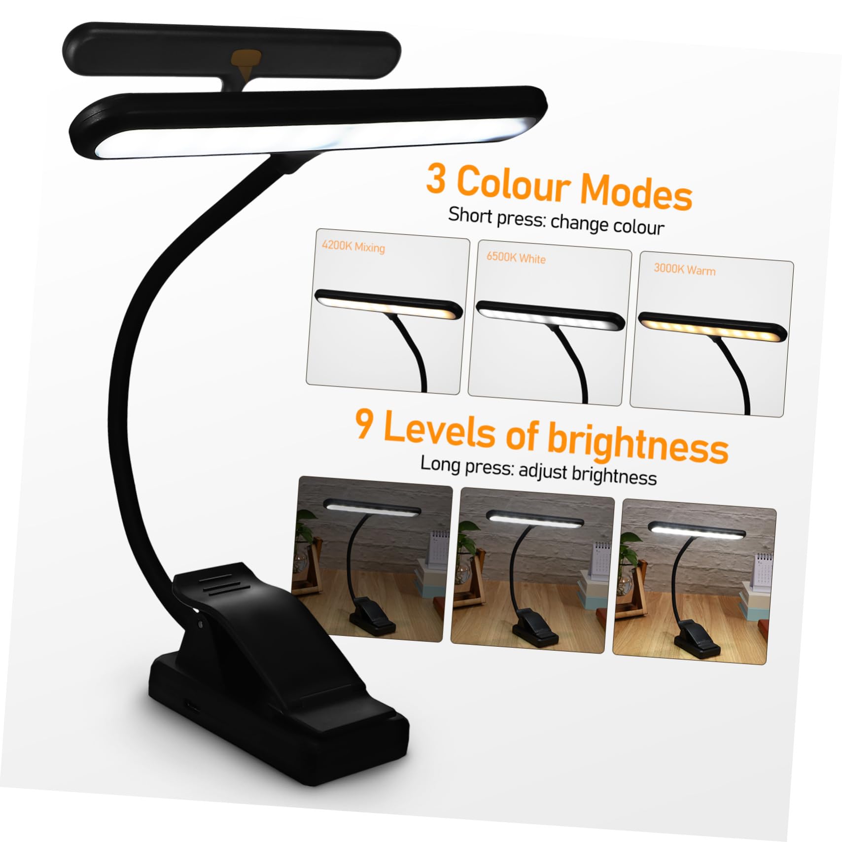 Lámpara de Lectura LED Recargable Clip Fuerte, Luz para Piano Vertical 6 Niveles de Brillo Ajustable, Batería Integrada, Cuello Flexible para Uso en Atril y Partituras Musicales