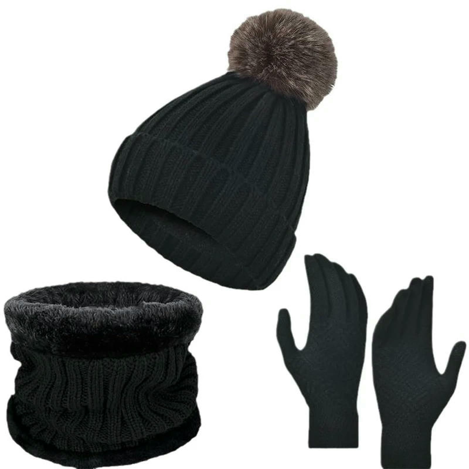 Mütze,Schal & Handschuh-Sets 3-teiliges Strickmützen-Set Für Den Winter, Mit Großen Pompons Wärme Und Dickem Fleece, Geeignet Männer Frauen-grau