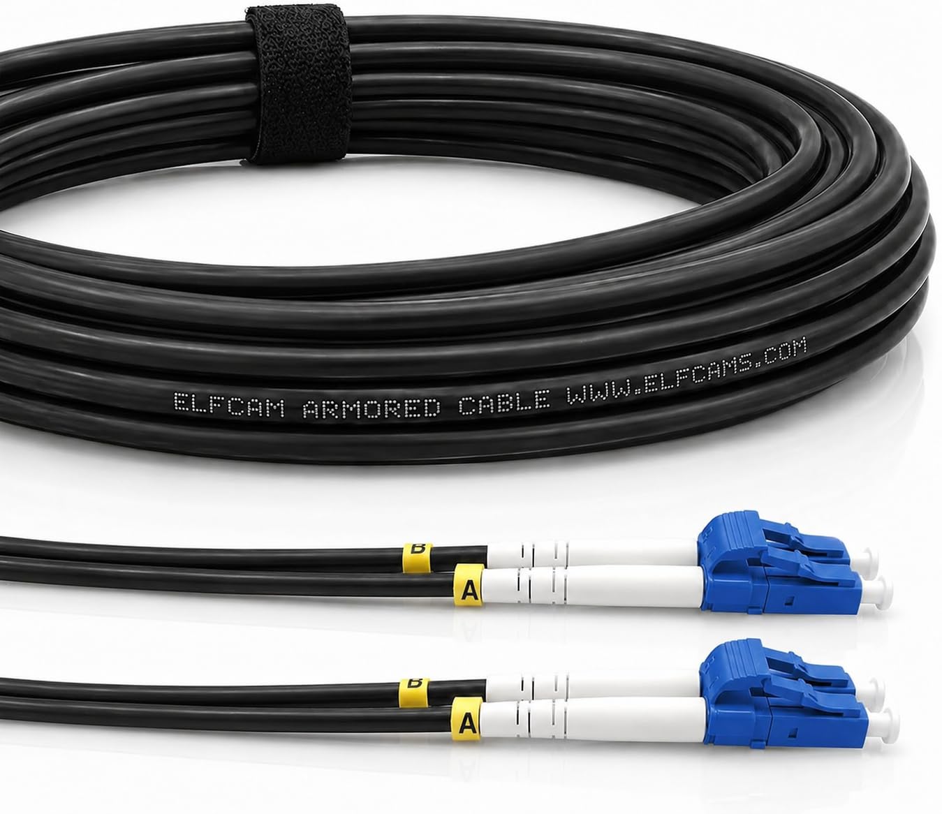 Elfcam® - Cavo Fibra Ottica con Armatura in Acciaio Corrugato LC/UPC per LC/UPC OS2 Duplex Monomodale 9/125um LSZH, Adatto per Installazioni Esterne e Interne, Nero, 50M