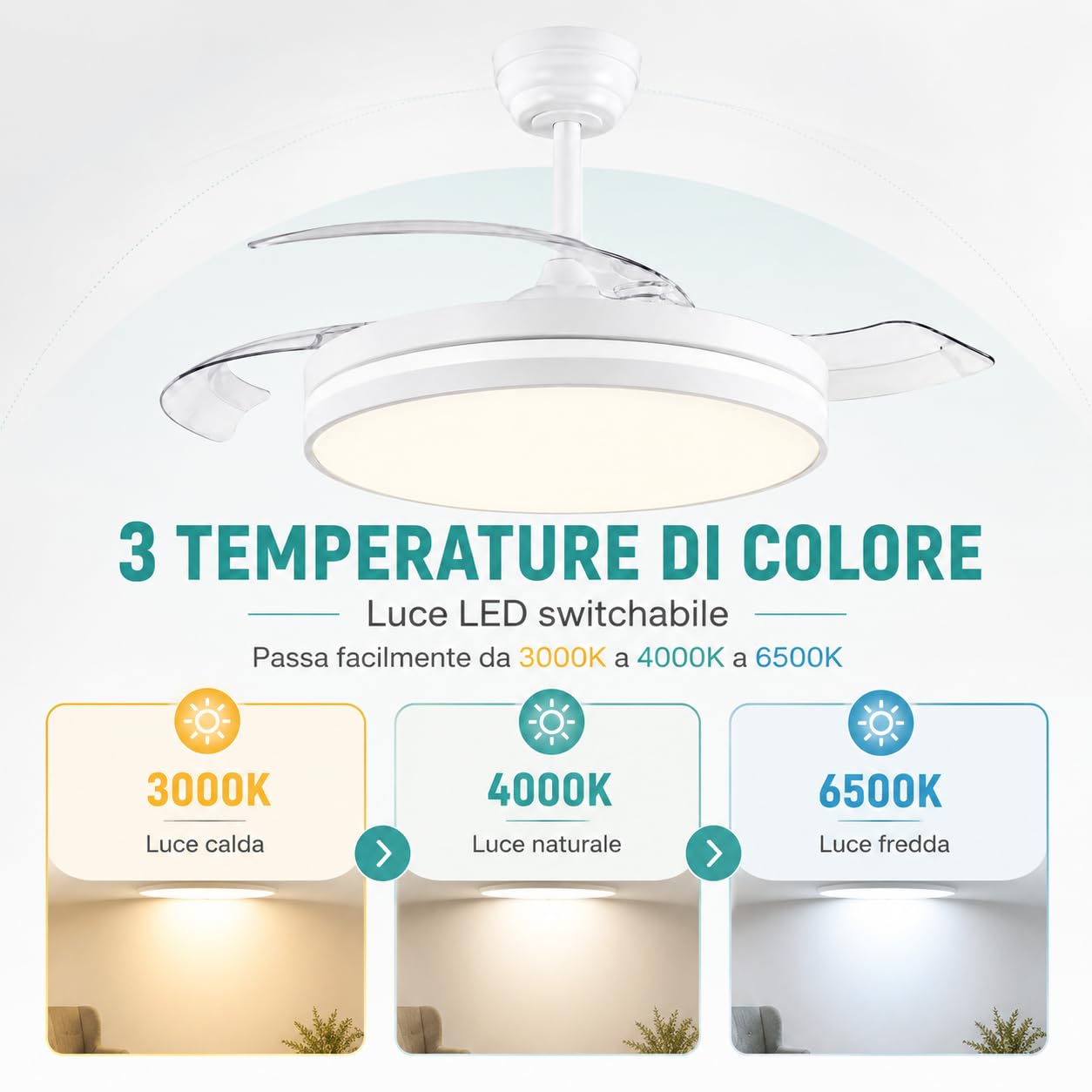 MAKA Ventilatore Ultra Silenzioso da Soffitto con Luce Led 60 watt, 6 Velocità - 3 Pale PVC Reversibili - Motore 30 watt - 220V IP20, Plafoniera Dimmerabile (Luce 60 w - Motore 30 w)