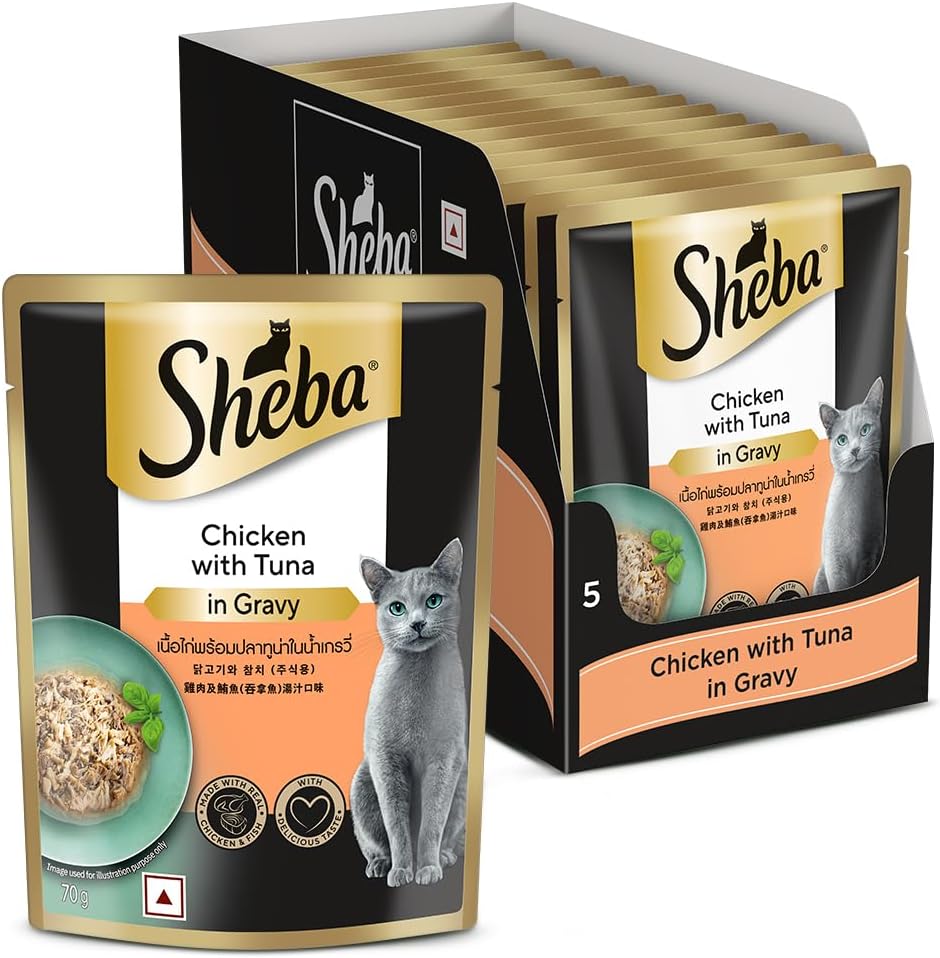 Fine Premium Adult (1+ Years) Wet Cat Food, Chicken with Tuna in Gravy, 70 g Pouch (Pack of 14), High-Moisture Gravy cat Food for Healthy Hydration