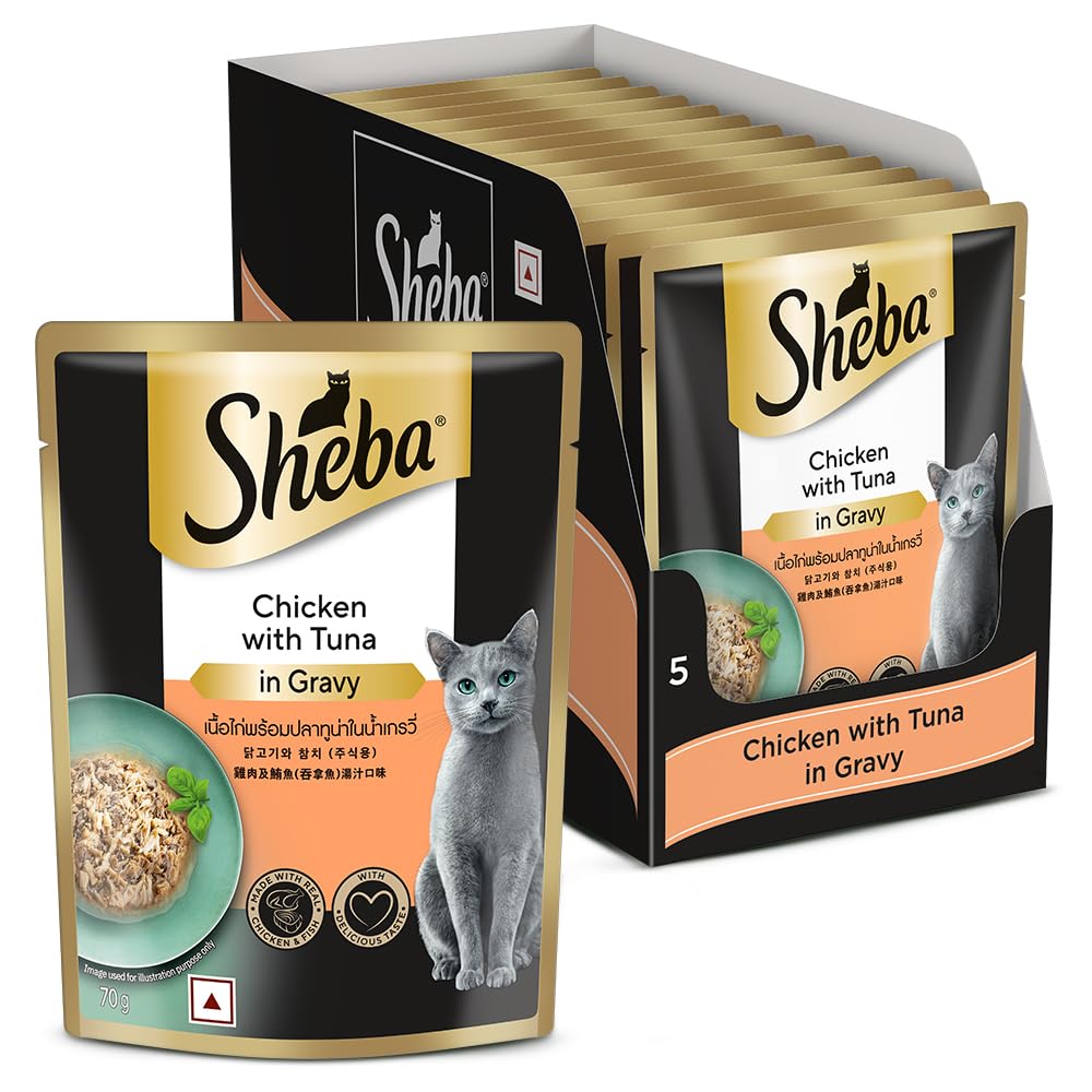 Sheba Fine Premium Adult (1+ Years) Wet Cat Food, Chicken with Tuna in Gravy, 70 g Pouch (Pack of 14), High-Moisture Gravy cat Food for Healthy Hydration-image-48