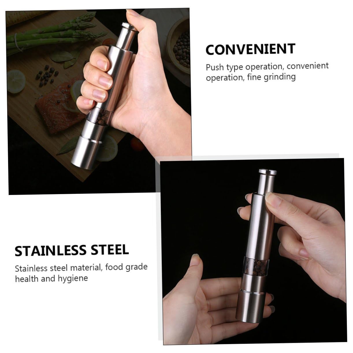 Handpfeffermühle aus Edelstahl mit Dreieckigem Mahlwerk für Feines Mahlen von Schwarzem Pfeffer in Silber für Küche