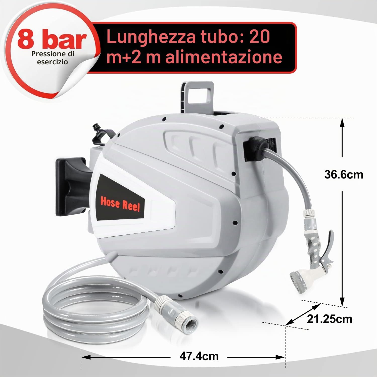 Avvolgitubo acqua 20 + 2 m con supporto a parete/doccetta manuale/materiale di montaggio, avvolgitubo automatico, tubo da giardino, scatola per irrigazione grigio