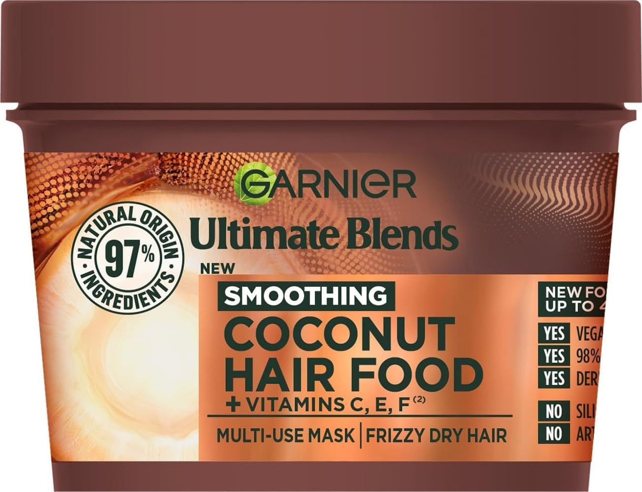 Garnier Hair Food Multi-use, 3-in-1 Hair Treatment Mask, Coconut, 400ml | Up to 48H Anti- Frizz, 97% Natural Origin Ingredients, No Silicone for a natural feel, Vegan Formula
