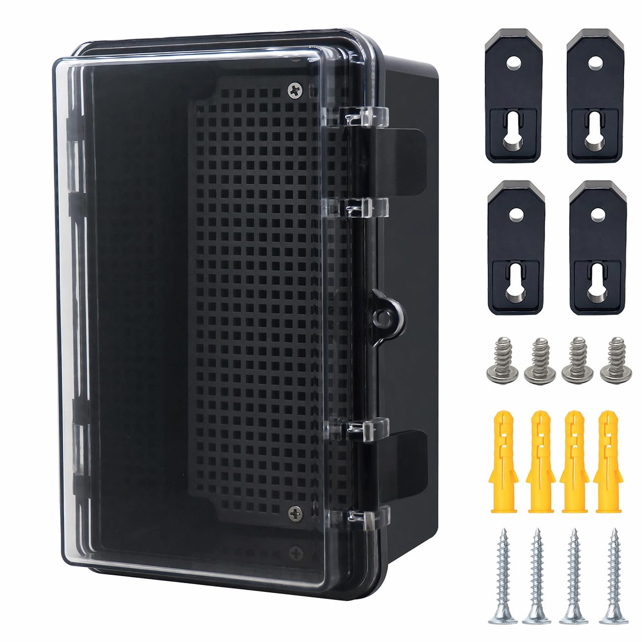 Otdorpatio Junction Box, Hinged Black Clear Cover IP67 Waterproof ABS Project Box with Mounting Plate Electrical Box Enclosure with Wall Bracket 8.3 x 5.1 x 4.3inch(210x130x110mm)