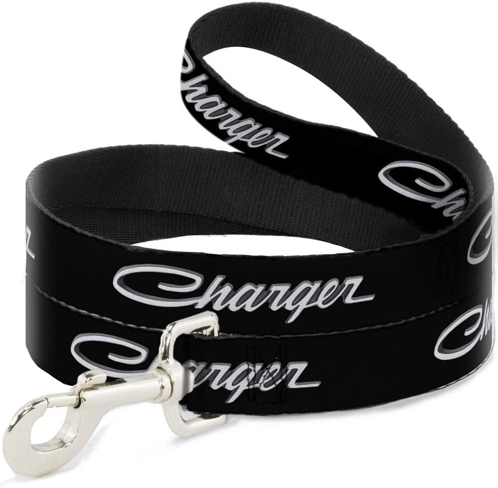 Dog Leash Charger Script Emblem Corner Black Silver Fade White 4 Feet Long 1.5 Inch Wide
