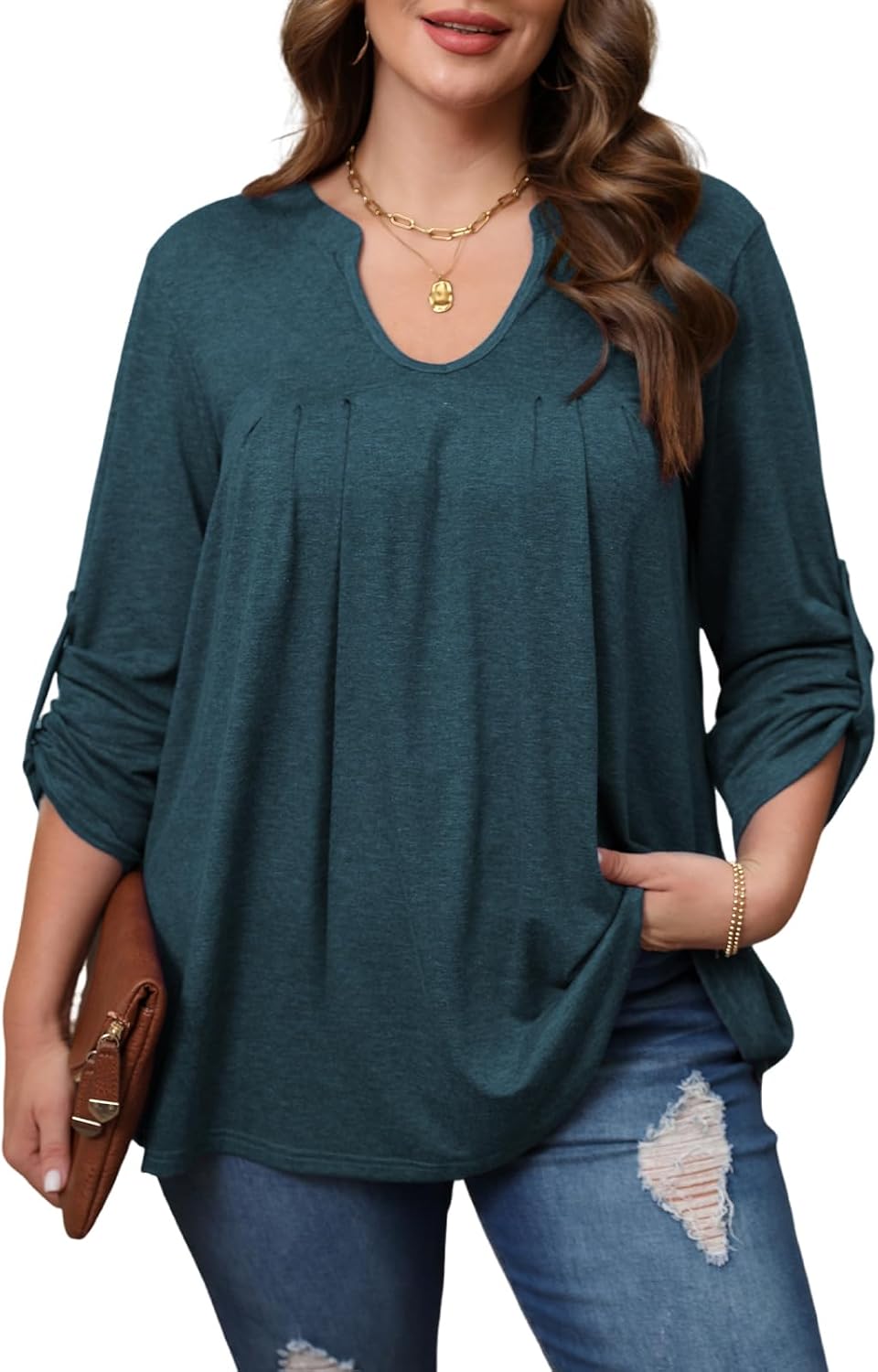 Women's Plus Size Tops V Neck Roll Up 3/4 Sleeve Tunic Pleated Casual Shirts Trendy Dressy Flowy Going Out Blouse