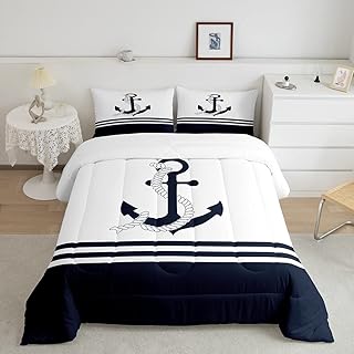 jejeloiu Anchor Decor Comforter Set Queen Size Kids Nautical Themed Comforter for Boys Teens Ocean Coastal Bedding Set Sea Adventure Navy Blue White Duvet Set Room Decor Duvet Set Boys