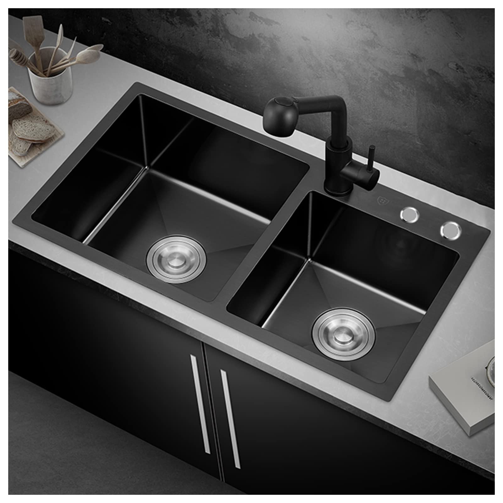 ZQFHSX Black Nano Double Bowl Kitchen Sink 304 Stainless Steel Bar Square RV With Faucet & Drain Top Mount Or Undermount (Color : Black-d, Size 80x45x22cm)
