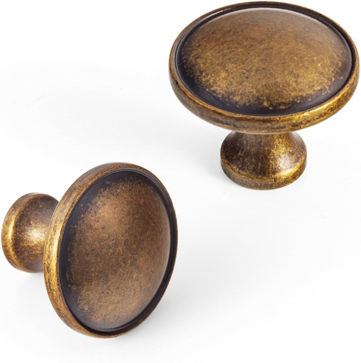 12 Pack Antique Brass Cabinet Knobs, 1.25 Inch Round Knob | Solid Zinc Alloy Dresser Knobs Vintage, Antique Finish Round Pulls for Kitchen Cupboard and Bathroom Vanity Hardware