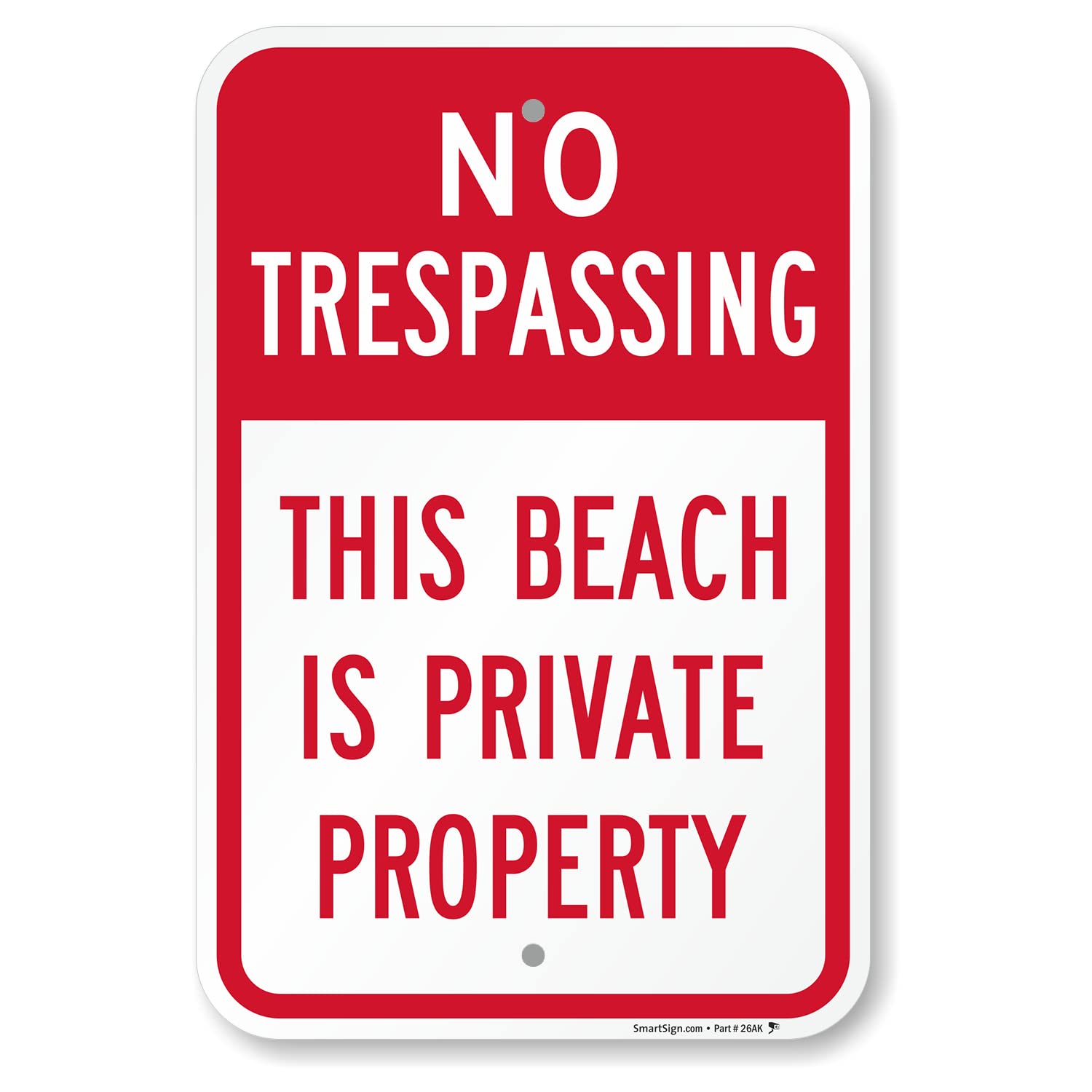 SmartSign 18 x 12 inch “No Trespassing - This Beach Is Private Property” Metal Sign, 63 mil Laminated Rustproof Aluminum, Red and White, Made in USA