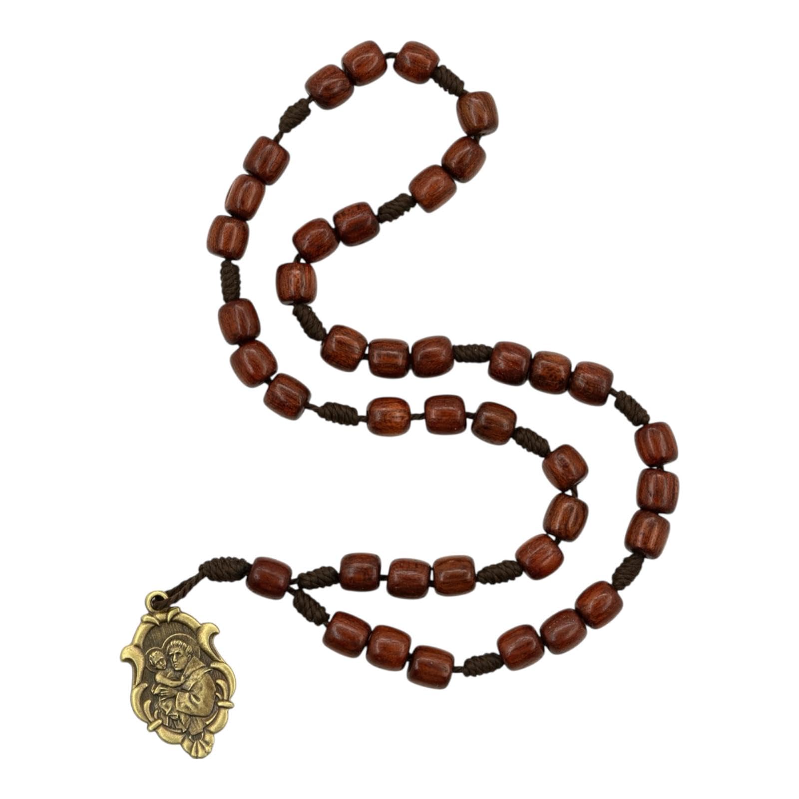 Catholica Shop Saint Anthony Wooden Beads Corded Chaplet Rosary with Antique Gold Medal. Made in Brazil