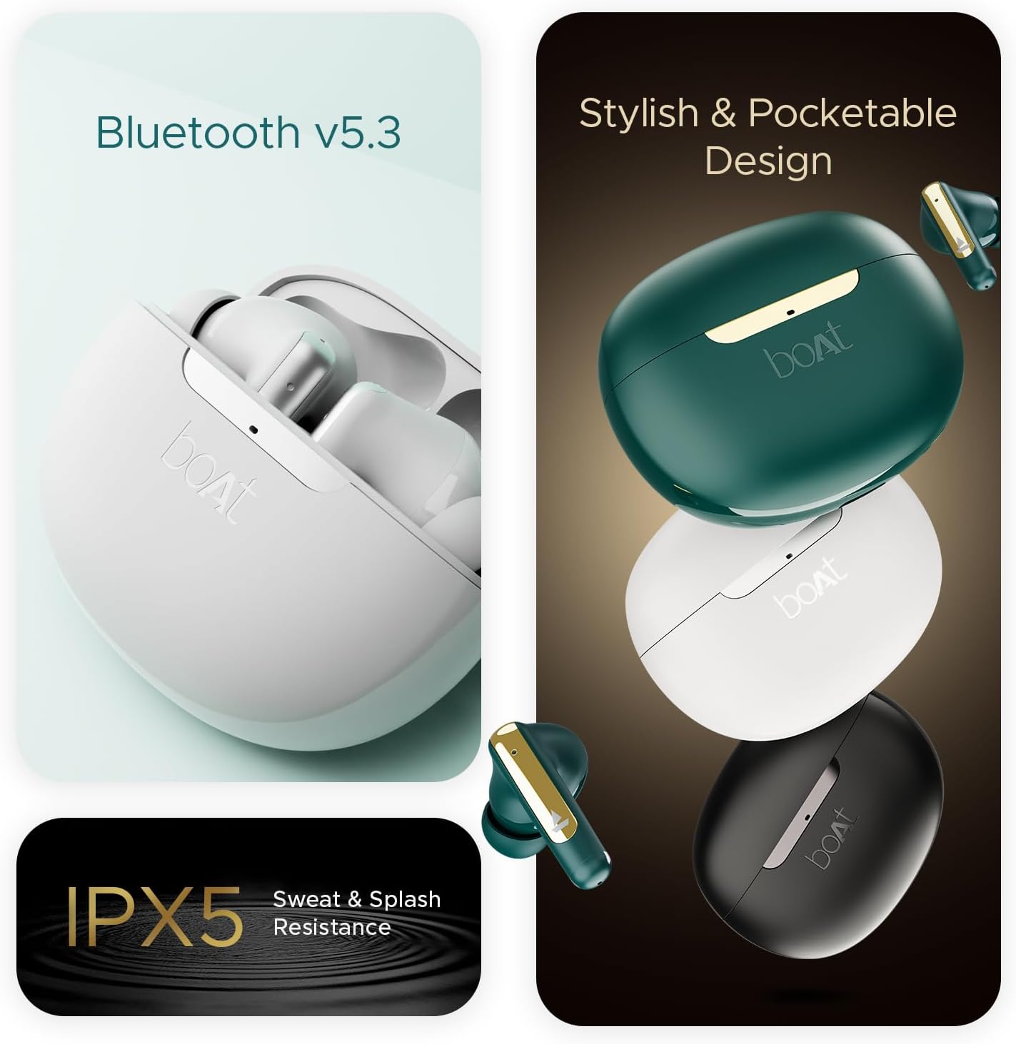 Airdopes 141 ANC charging case and earbuds with text 'Bluetooth v5.3' and 'IPX5 Sweat & Splash Resistance'