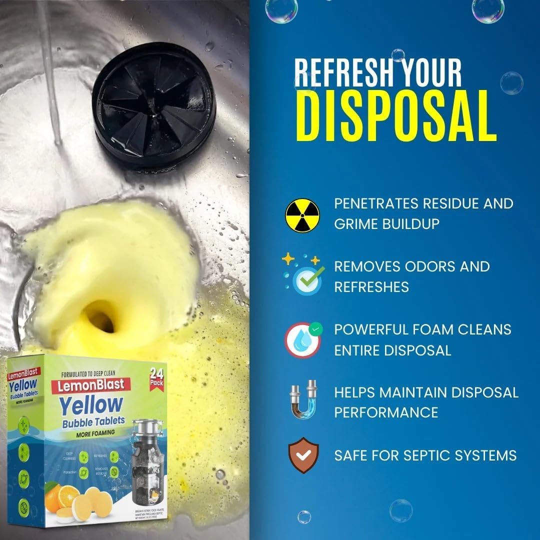LemonBlast Yellow Bubble Tablets for Deep Cleaning | Multi-Use Foaming Tablets for Kitchen Sink, Drain, Pipes & Disposal | Helps Remove Residue & Refreshes with Active Foam (pack of 24) - Image 3 thumbnail