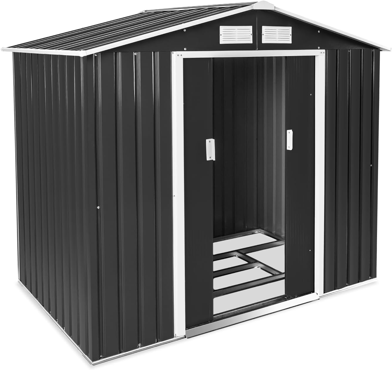 tectake® Metall Gartenhaus mit Satteldach, Geräteschuppen Garten mit Schiebetür, Gerätehaus mit Metallfundament, als Gartenschuppen, Gartenhütte oder Fahrradgarage, 4 m³ Lagerfläche - grau/weiß